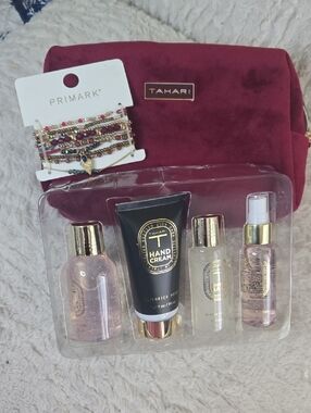Tahari Velvet Cosmetic Bag with Travel Spa Set & Primark Bracelet